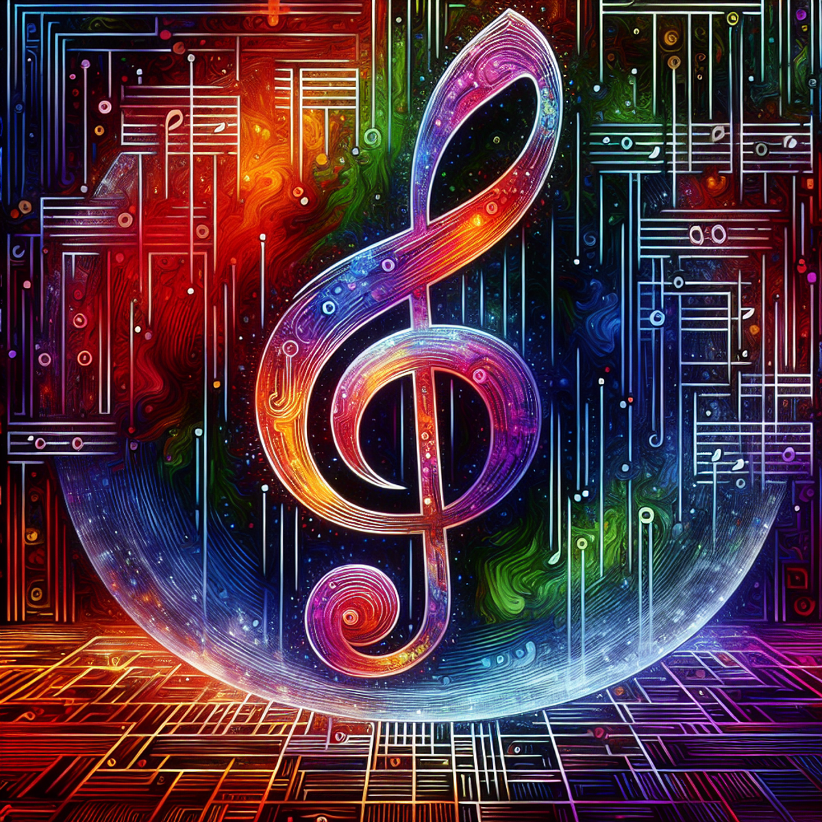 Abstract image of a colorful, entangled musical note and coding scripts.