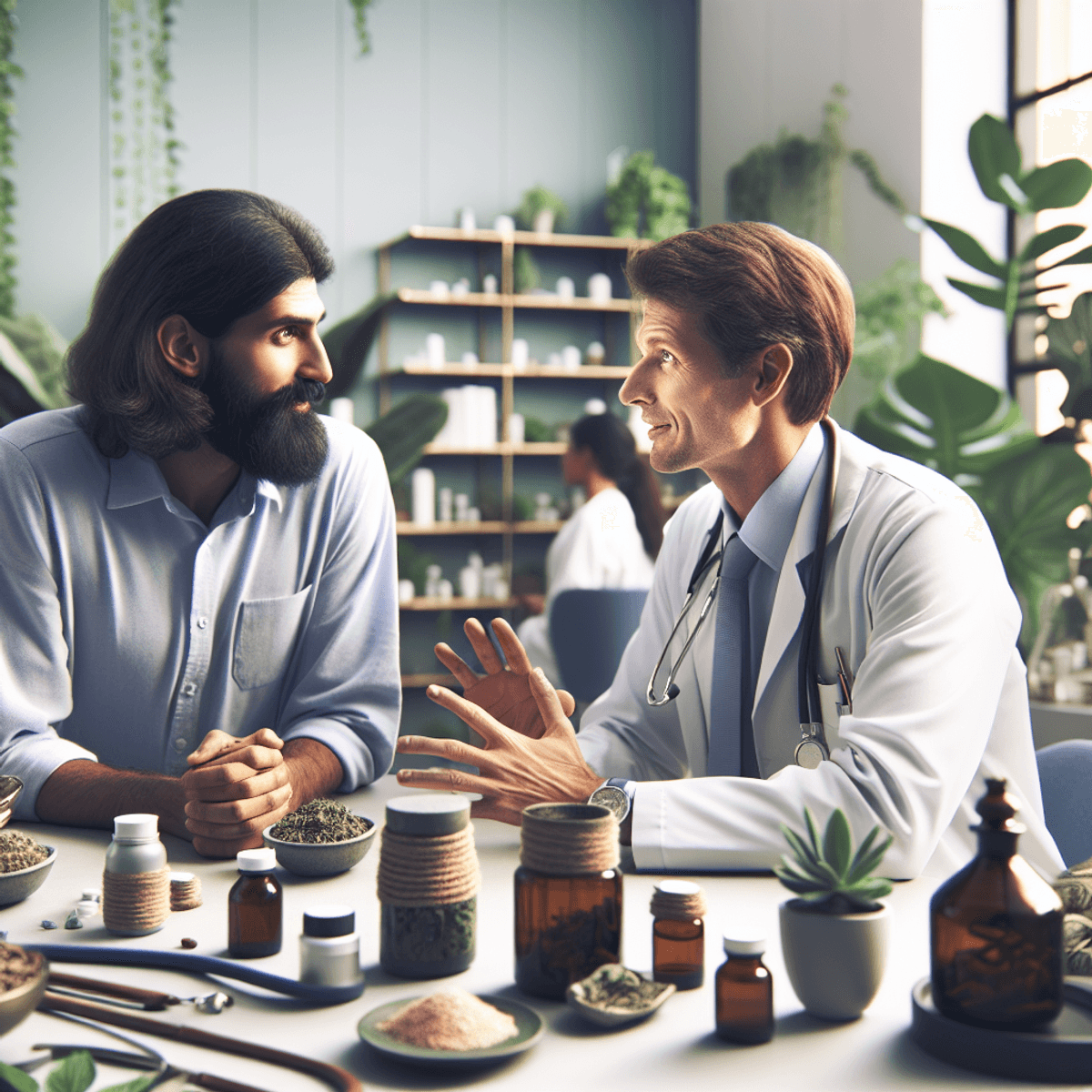 Lung Cancer Treatment Pack 4 A serene clinic interior featuring a Caucasian healthcare practitioner and a South Asian practitioner engaged in a focused discussion about Ayurvedic herbs and treatments. The room is filled with various Ayurvedic tools, surrounded by live plants that add greenery and a natural ambiance. The setting reflects a harmonious blend of modern and traditional medicine, with warm lighting enhancing the peaceful atmosphere.