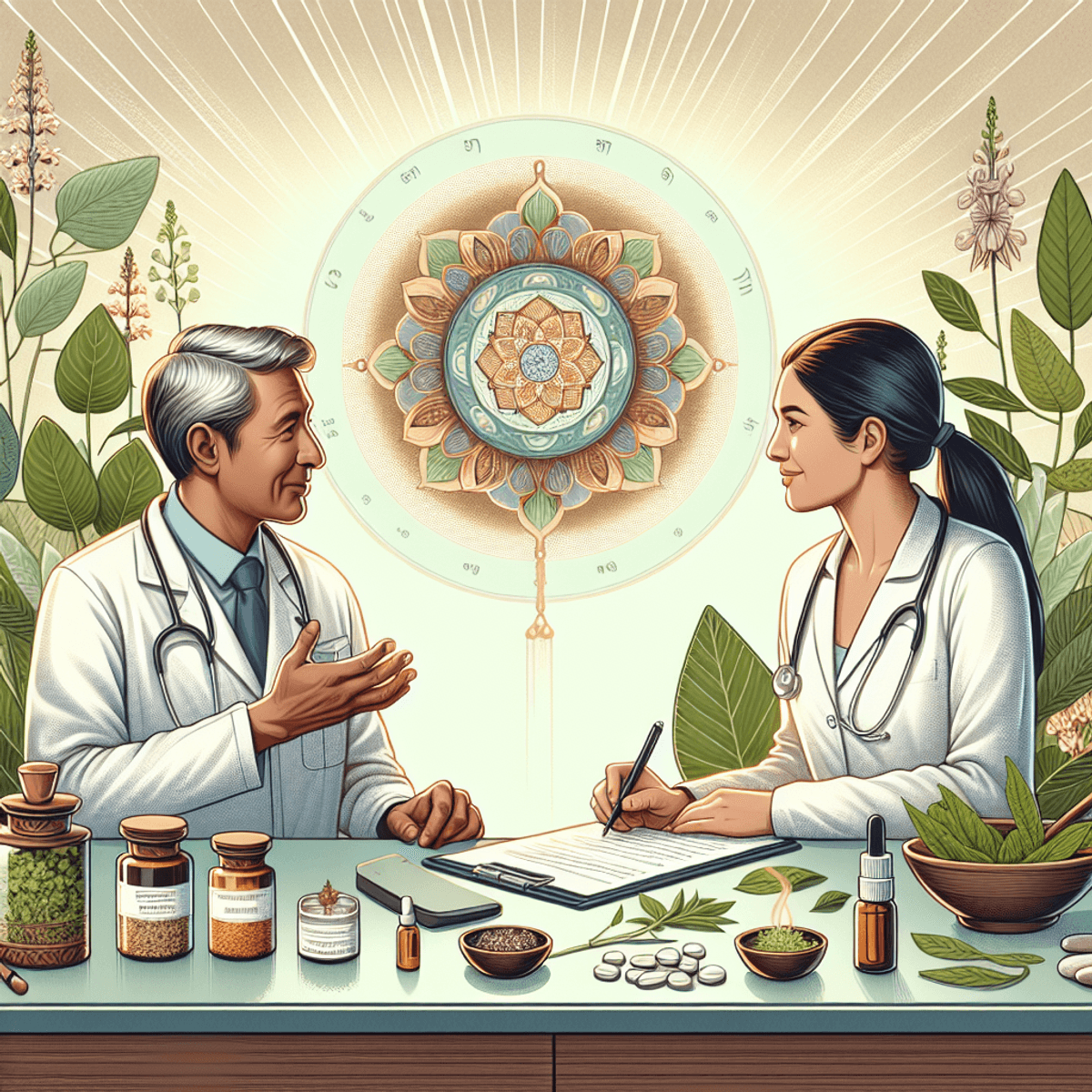 Lung Cancer Treatment Pack 2 A serene Ayurvedic clinic scene featuring a Caucasian doctor in professional attire engaged in a discussion with a Hispanic patient at a wooden table. The background is adorned with lush green plants and shelves filled with jars of herbs and essential oils, creating an atmosphere of holistic healing. The table displays a bowl of vibrant green leaves and a sandalwood mala, emphasizing the Ayurvedic theme. The expressions of both individuals reflect compassion and understanding as they collaborate on a care plan amidst the tranquil setting.