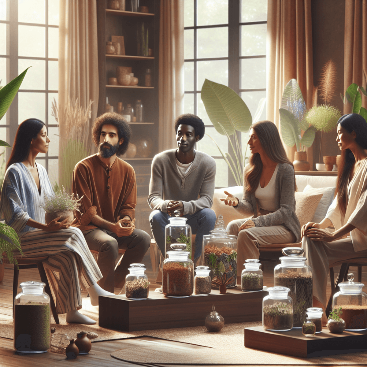Lung Cancer Treatment Pack 3 A diverse group of six people engaged in a health and wellness discussion in a warmly lit room with earthy tones. Two Hispanic women, a Caucasian woman, a Black man, a Middle Eastern man, and a South Asian woman are gathered around lush indoor plants and glass jars filled with herbs. They are actively interacting with the jars and plants, showcasing an exploration of herbal remedies. The inviting atmosphere reflects a blend of Ayurveda and conventional health treatments.