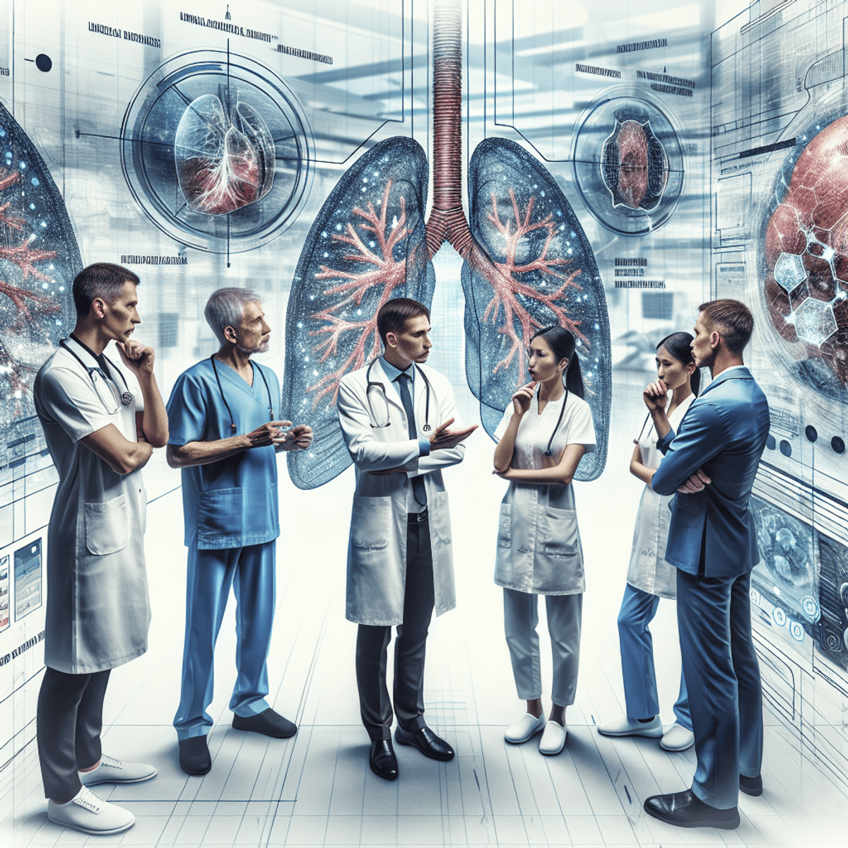 Lung Cancer Treatment Pack 5 A Caucasian male doctor and an Asian female nurse are engaged in a serious discussion in a hospital setting, surrounded by abstract graphics of medical charts and lung diagrams that illustrate lung cancer treatment strategies. The scene captures a blend of traditional medical knowledge and modern technology, with realistic portrayals of the healthcare professionals and their environment.