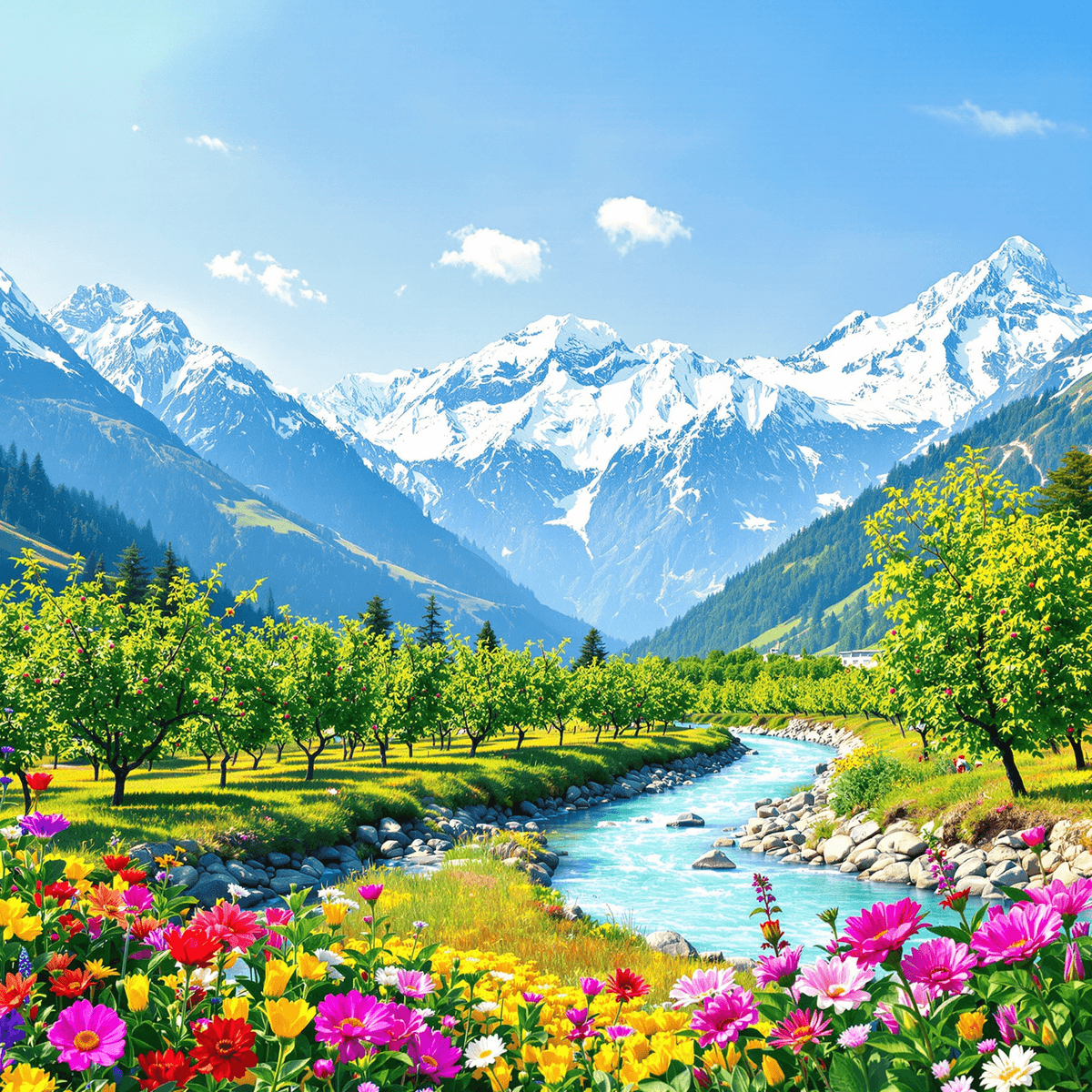 मनाली का एक शांतिपूर्ण दृश्य, जिसमें हरे-भरे सेब के बाग, स्नो-कैप्ड पहाड़, ब्यास नदी, जीवंत फूल और साफ नीला आसमान है, जो गर्मी की छुट्टियों की याद दिलाता है।