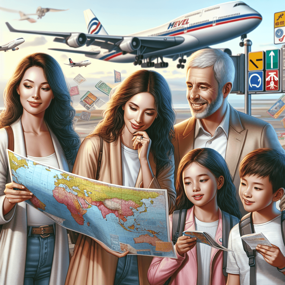 A diverse group of travelers gathered around a map, featuring a Caucasian woman, an Asian man, and a Hispanic family with a man, woman, and two children. They display expressions of excitement and adventure. In the background, an airplane is parked at the airport gate, accompanied by vibrant airport signage with symbols representing international travel and directions, creating an atmosphere of global exploration.