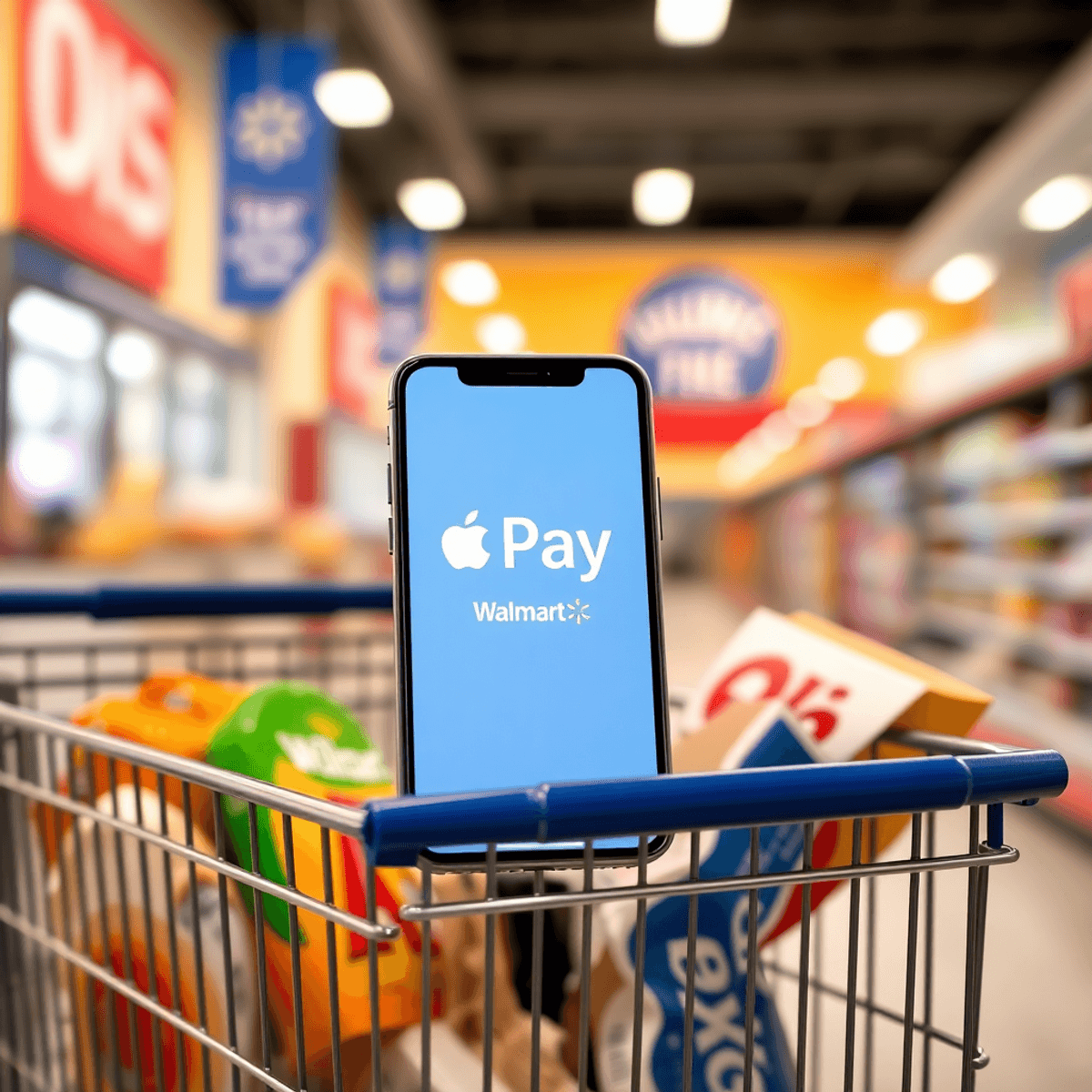 A smartphone with the Apple Pay logo rests on a shopping cart filled with various products, set against a bright store background, showcasing modern retail convenience.