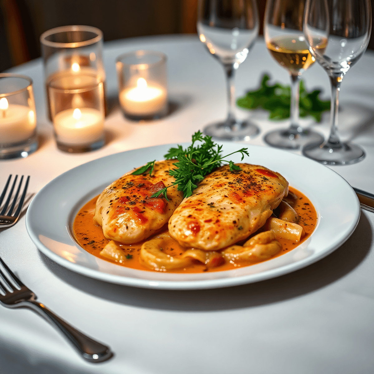 A beautifully plated Marry Me Chicken dish with tender chicken in creamy sun-dried tomato sauce, garnished with herbs on an elegant dinner table illuminated by soft lighting.