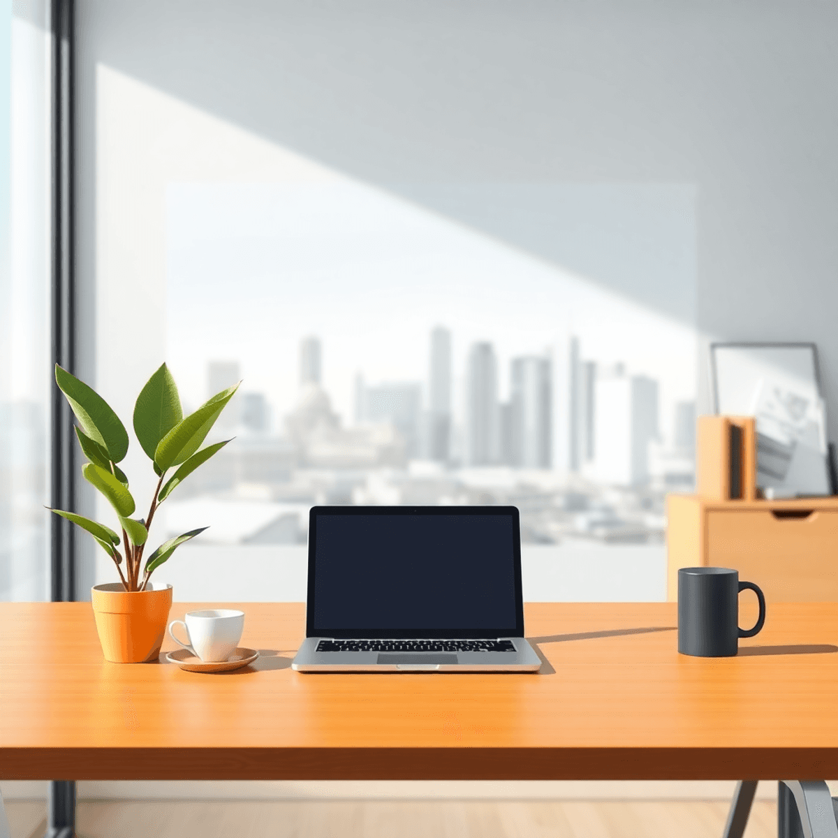A modern virtual office setup with a sleek desk, laptop, plant, and coffee cup, against an abstract city skyline background in bright colors, symbolizing flexibility and professionalism.
