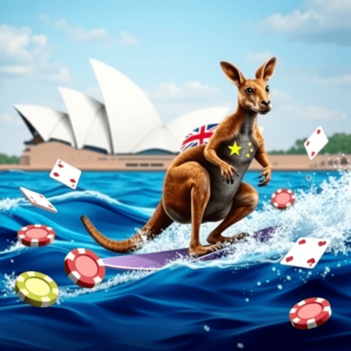 Online casino interface with a kangaroo surfing waves, poker chips and cards floating, Sydney Opera House backdrop, and Australian flag colors.
