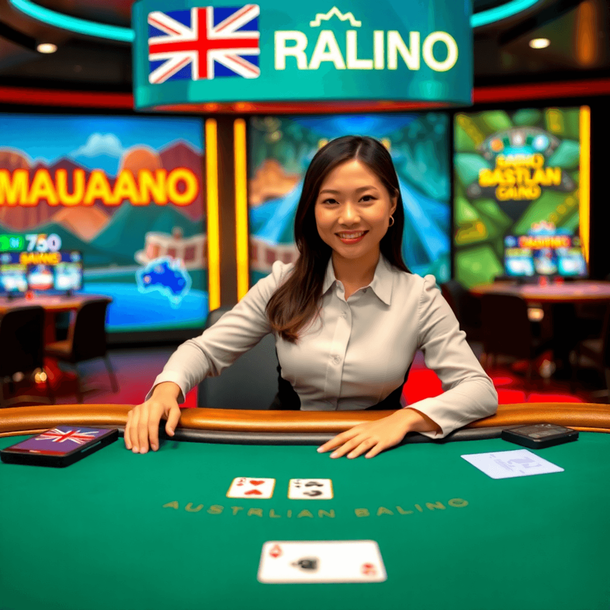 A professional live casino dealer hosting a blackjack game with digital elements and Australian-themed casino graphics in a vibrant, modern online casino setting.