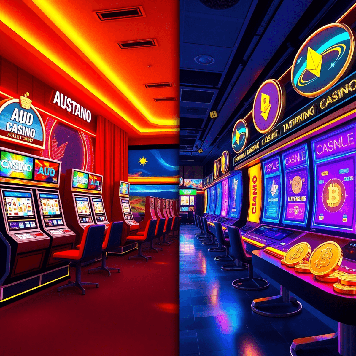 Split-screen image of a traditional Australian casino with slot machines and AUD symbols, and a modern crypto casino with digital coins, neon lights, and futuristic games.