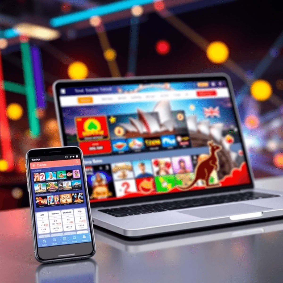 Laptop and smartphone showing a modern online casino interface with vibrant game icons, Sydney Opera House silhouette, kangaroo, and neon light background.