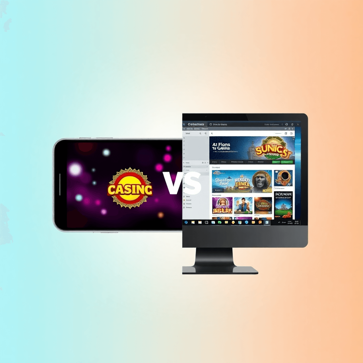 Split-screen showing a smartphone with an online casino game and a desktop computer displaying a casino website, highlighting mobile versus desktop gambling options.