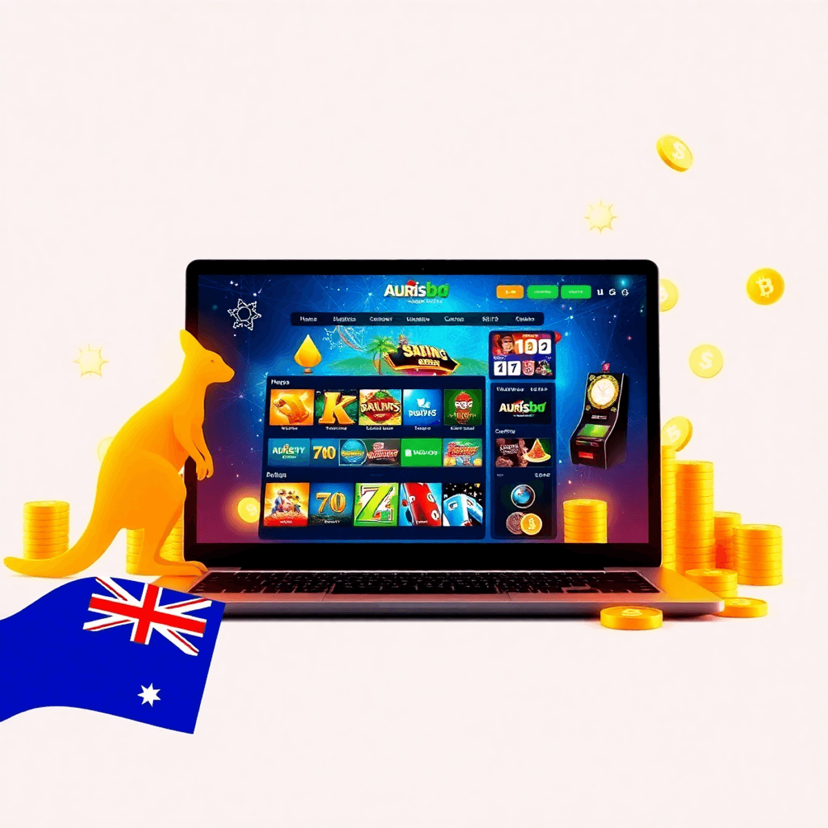 Laptop displaying a vibrant online casino interface with Australian-themed elements, glowing slot machine icons, poker chips, and cryptocurrency symbols in the background.