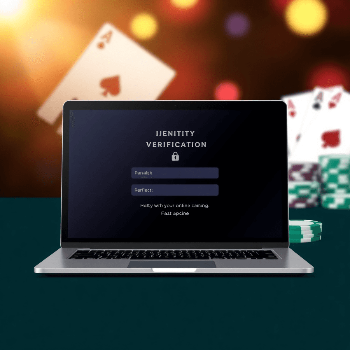 Laptop screen showing identity verification with playing cards and poker chips in the background, representing secure online gaming access.