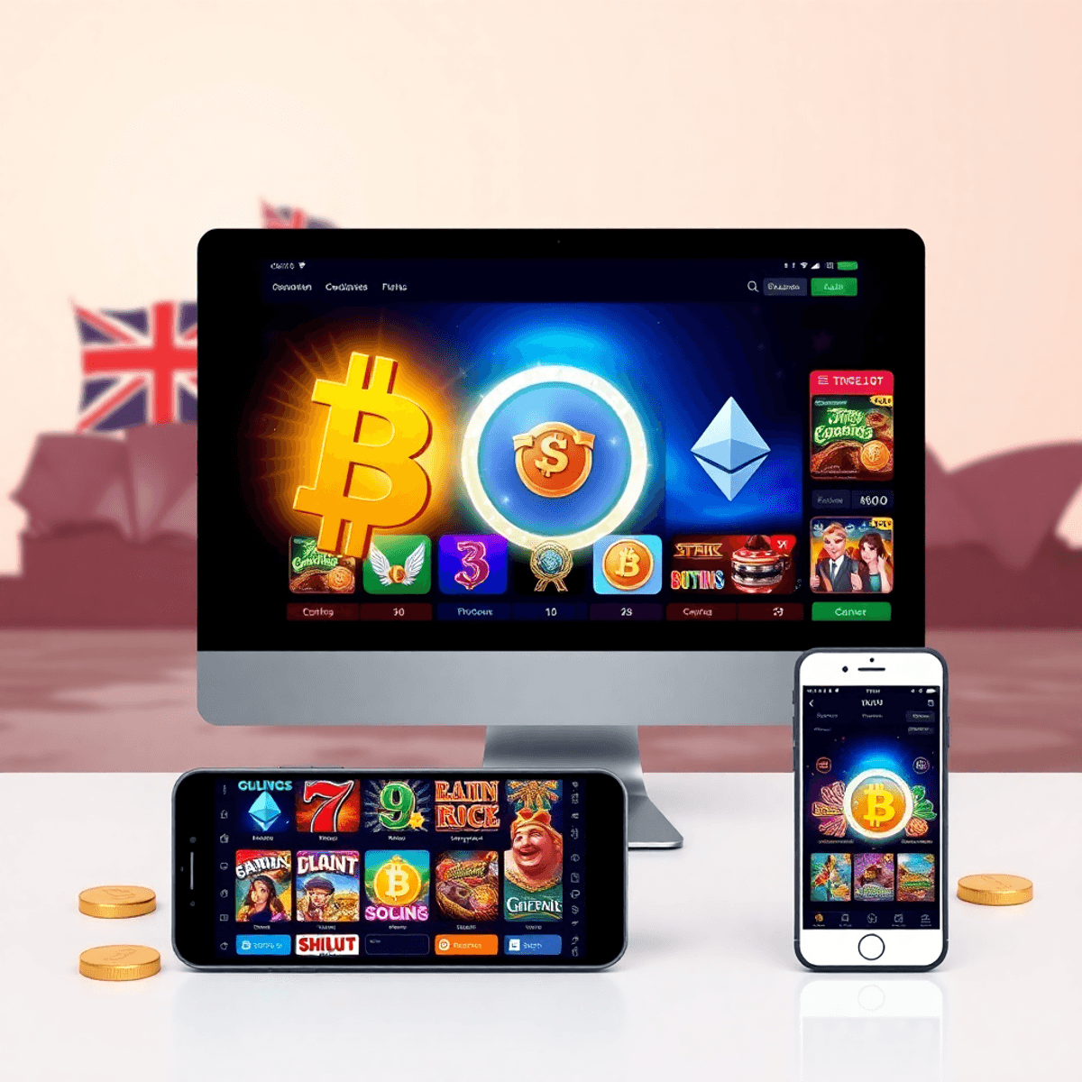 Online casino interface showing vibrant slot games on desktop and mobile, with glowing cryptocurrency symbols and a Sydney Opera House silhouette in the background.