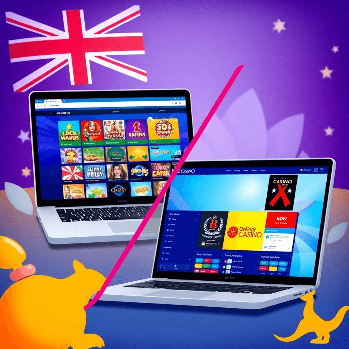Split screen digital illustration of multiple colorful online casino sites on a laptop and a single streamlined casino platform, with Australian-themed background.