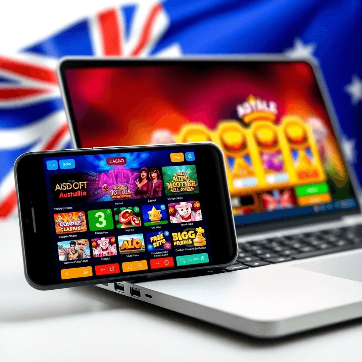 Smartphone and laptop showing colorful online casino slots with Australian flag elements in the background.