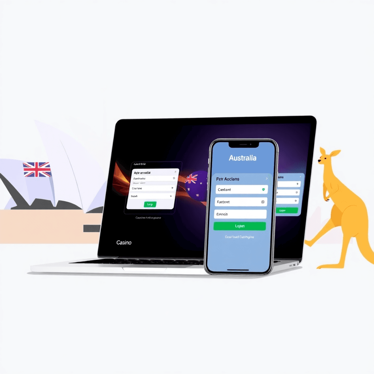 Digital illustration of a laptop and smartphone showing online casino logins, set against the Sydney Opera House and a kangaroo backdrop.