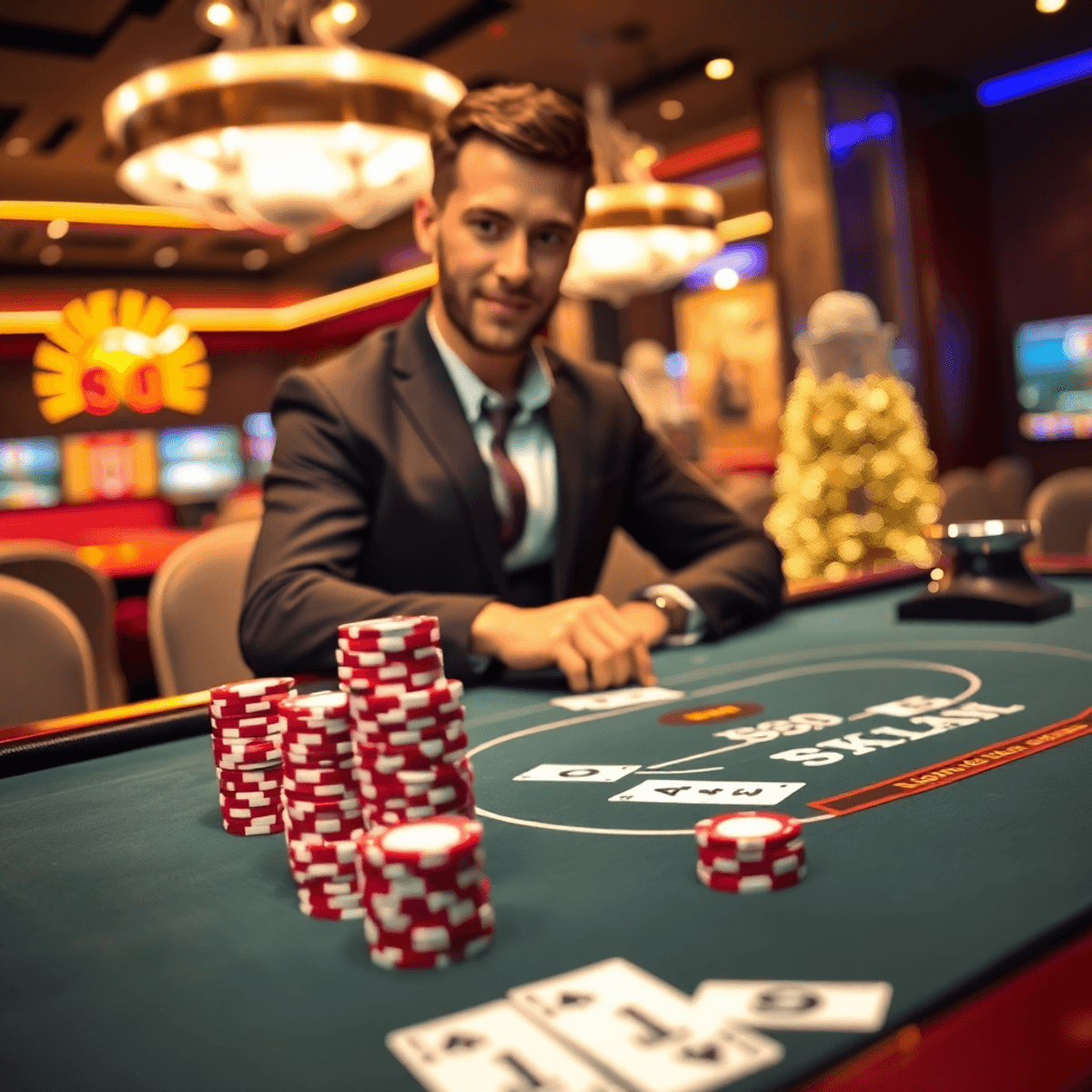 A modern digital blackjack table with stacked chips, glowing casino lights, and a player placing a large online bet from home.