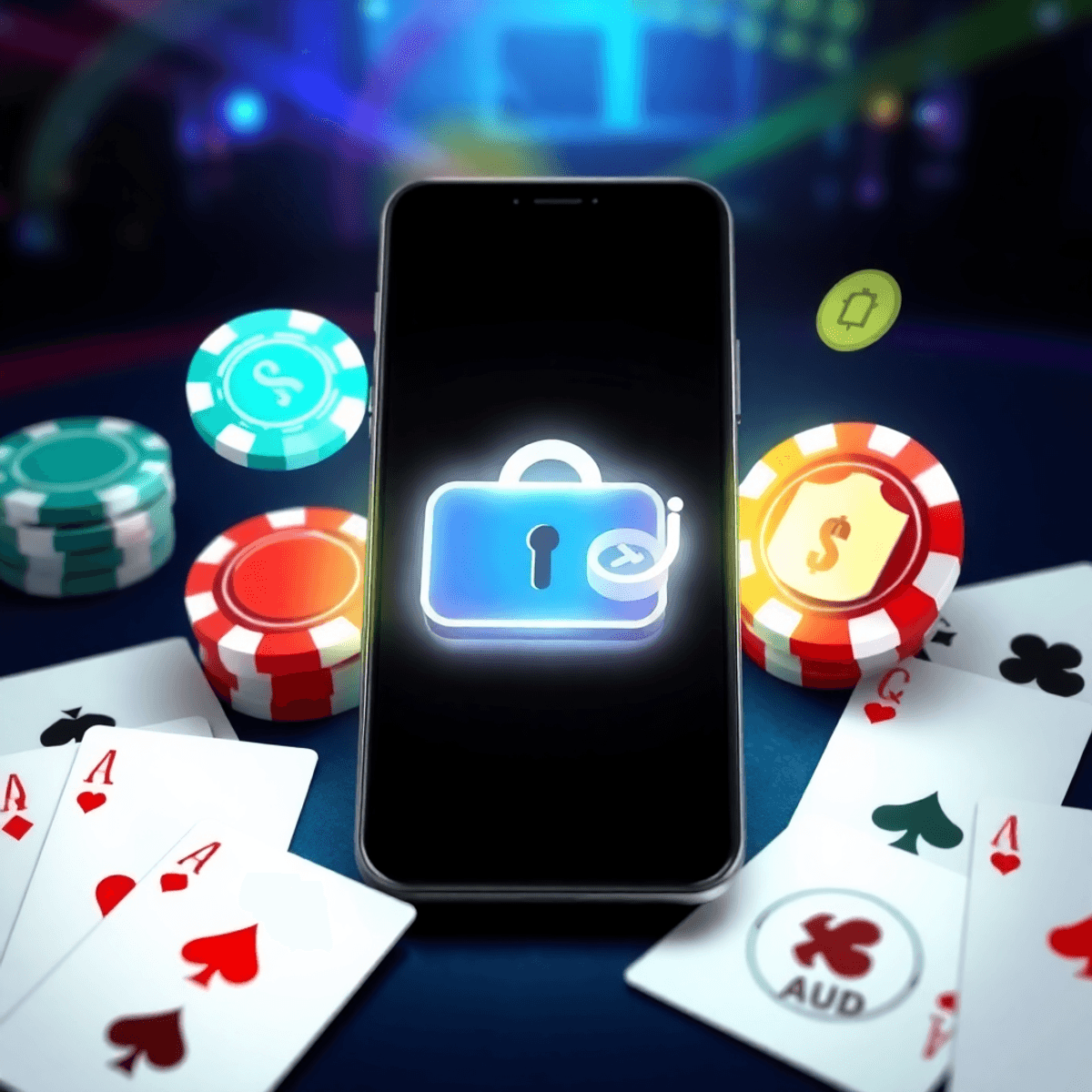 Smartphone screen displaying glowing digital wallet icon with Australian casino chips, playing cards, secure lock, and AUD symbols on vibrant background.
