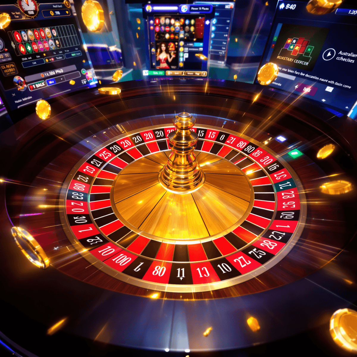 A vibrant digital roulette wheel with bright lights and Australian-themed elements on a sleek online casino interface.