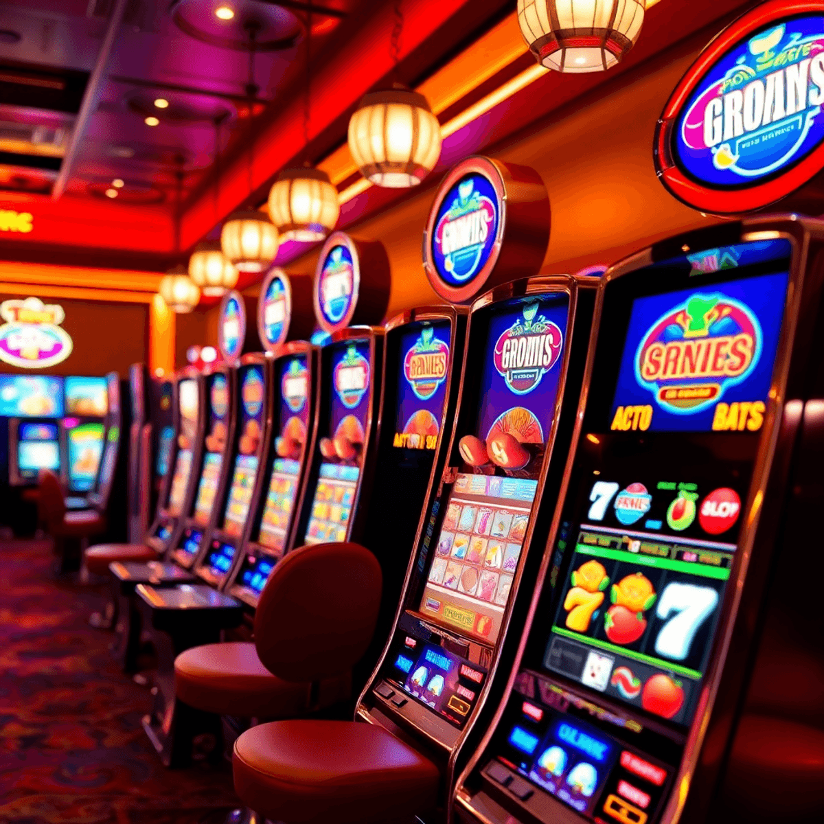 Bright casino interior with colorful poker machines displaying spinning reels and classic fruit symbols, creating a lively and exciting atmosphere.