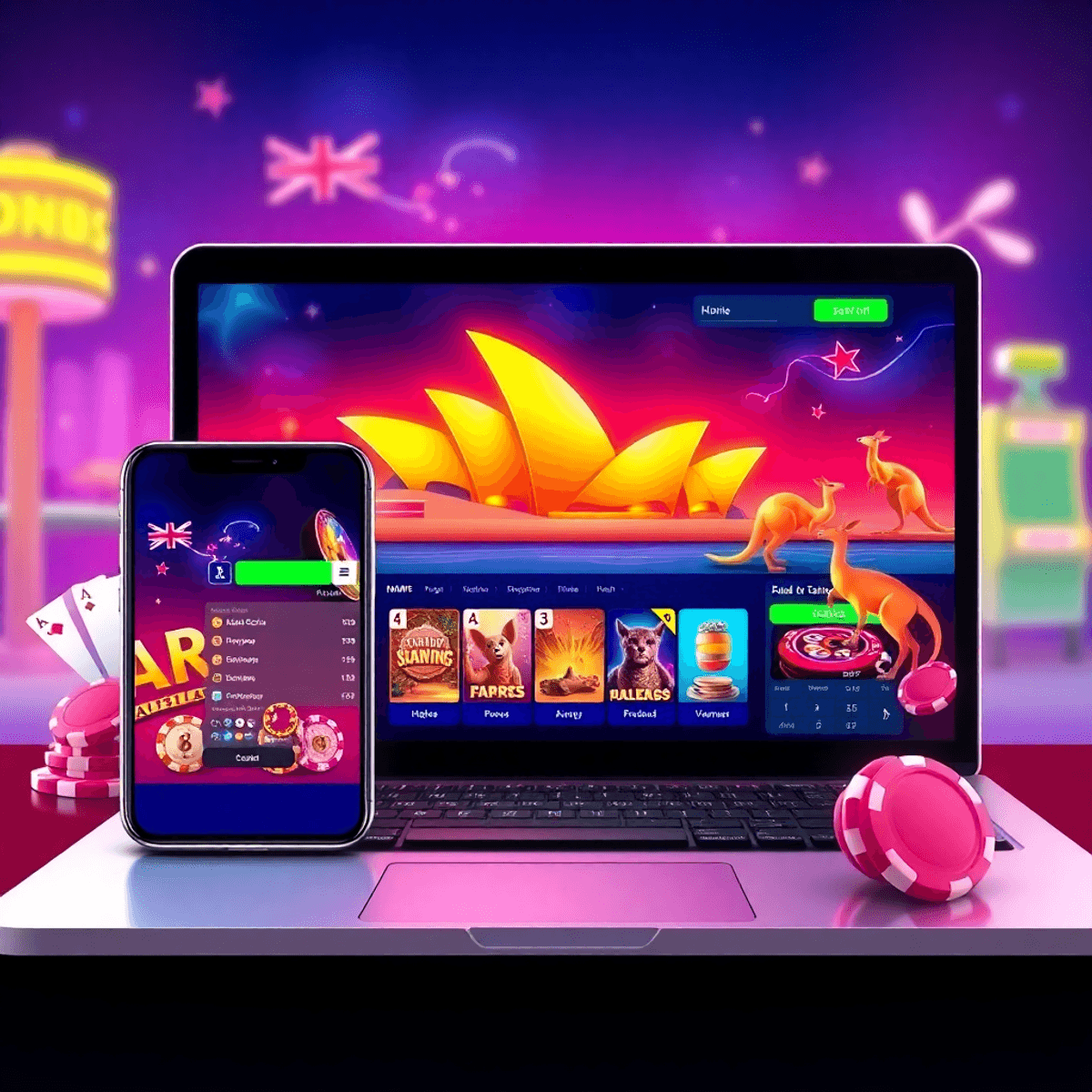 Digital illustration of a new online casino interface on smartphone and laptop, with neon colors, casino game icons, and subtle Australian symbols in the background.