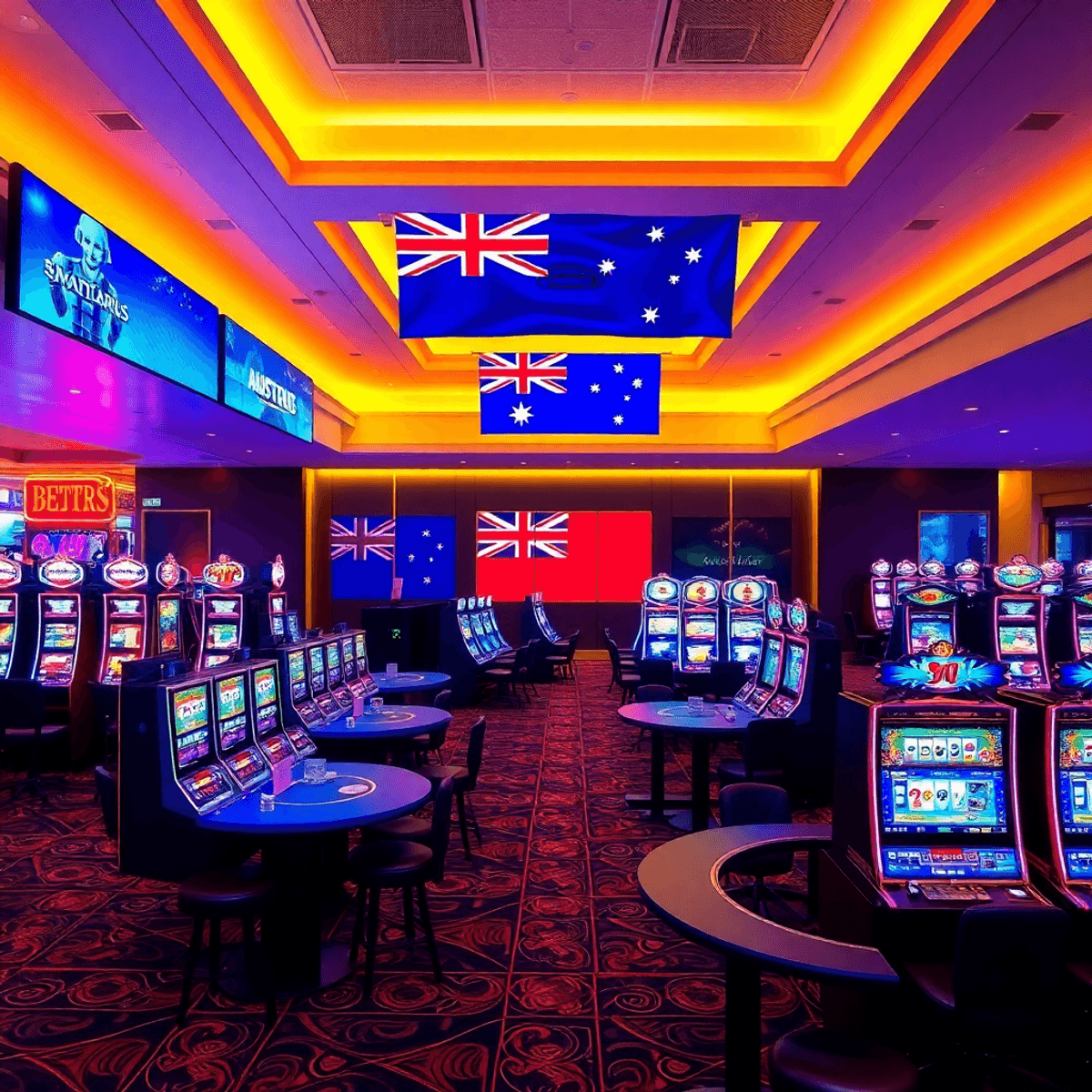 Luxurious casino interior with modern gaming tables, colorful slot machines, elegant lighting, and an Australian flag motif in the background.