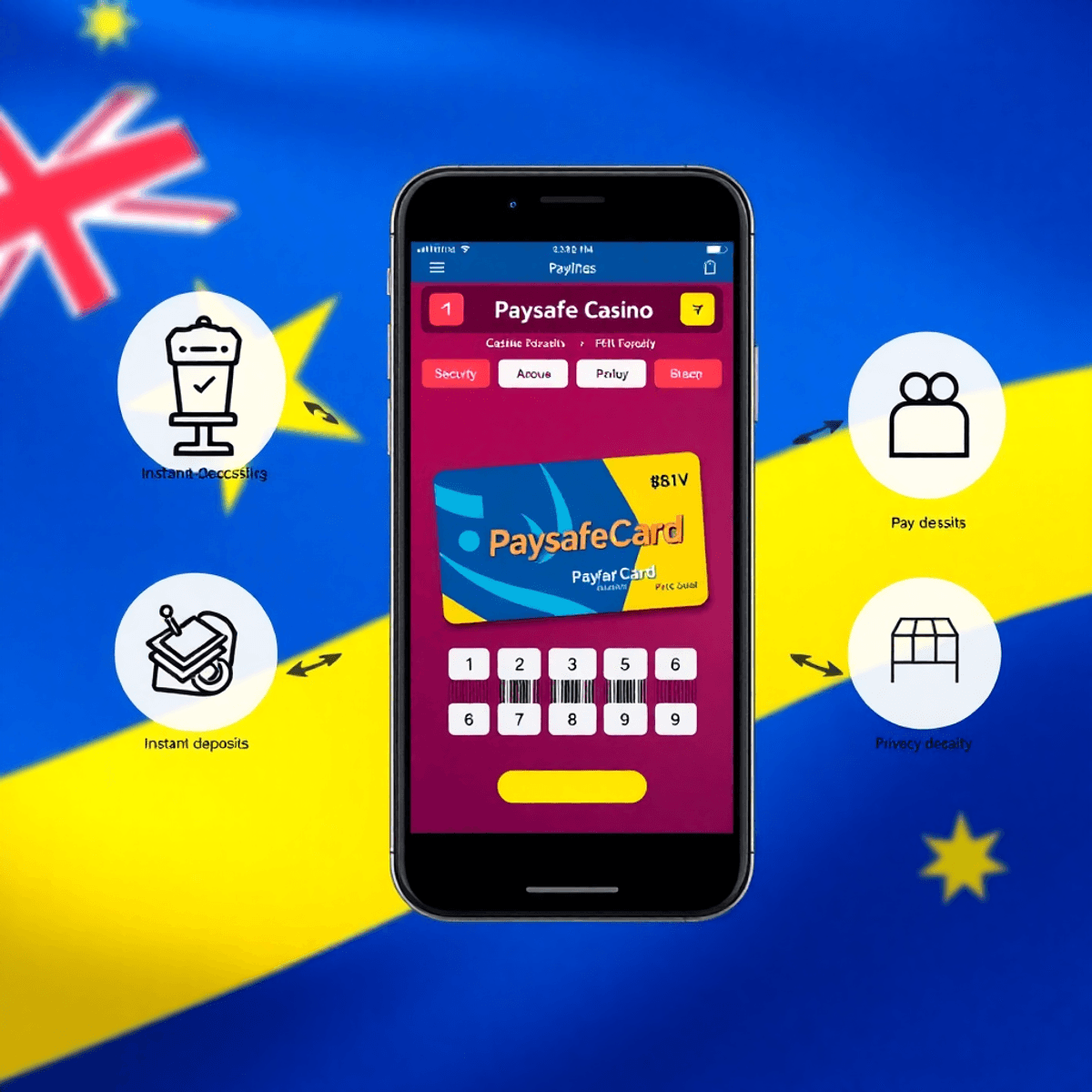 Smartphone showing an Australian-themed online casino interface with a Paysafecard voucher, security icons, and Australian flag colors in a realistic digital illustration.
