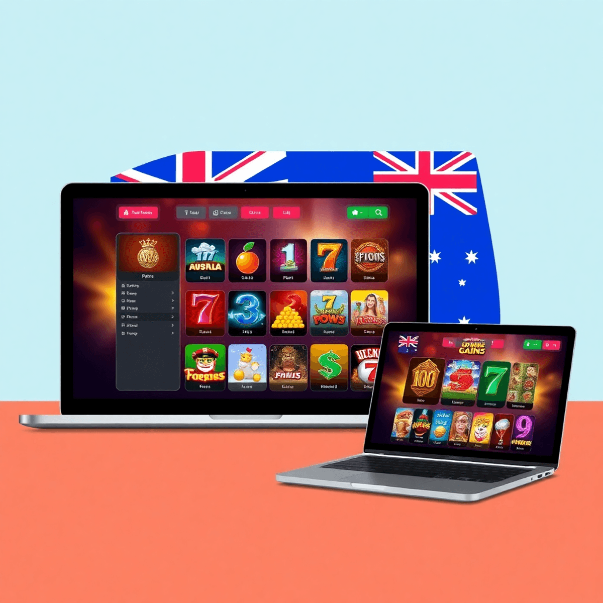 Digital illustration of a modern online casino on smartphone and laptop, displaying colorful pokies and table games with Australian-themed icons against a sleek background.