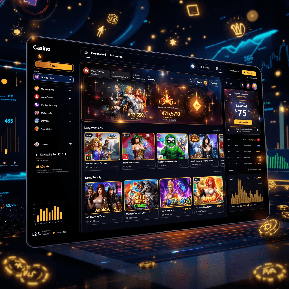 Futuristic online casino interface with AI-powered game recommendations, glowing digital elements, and data analytics visuals in a realistic style.