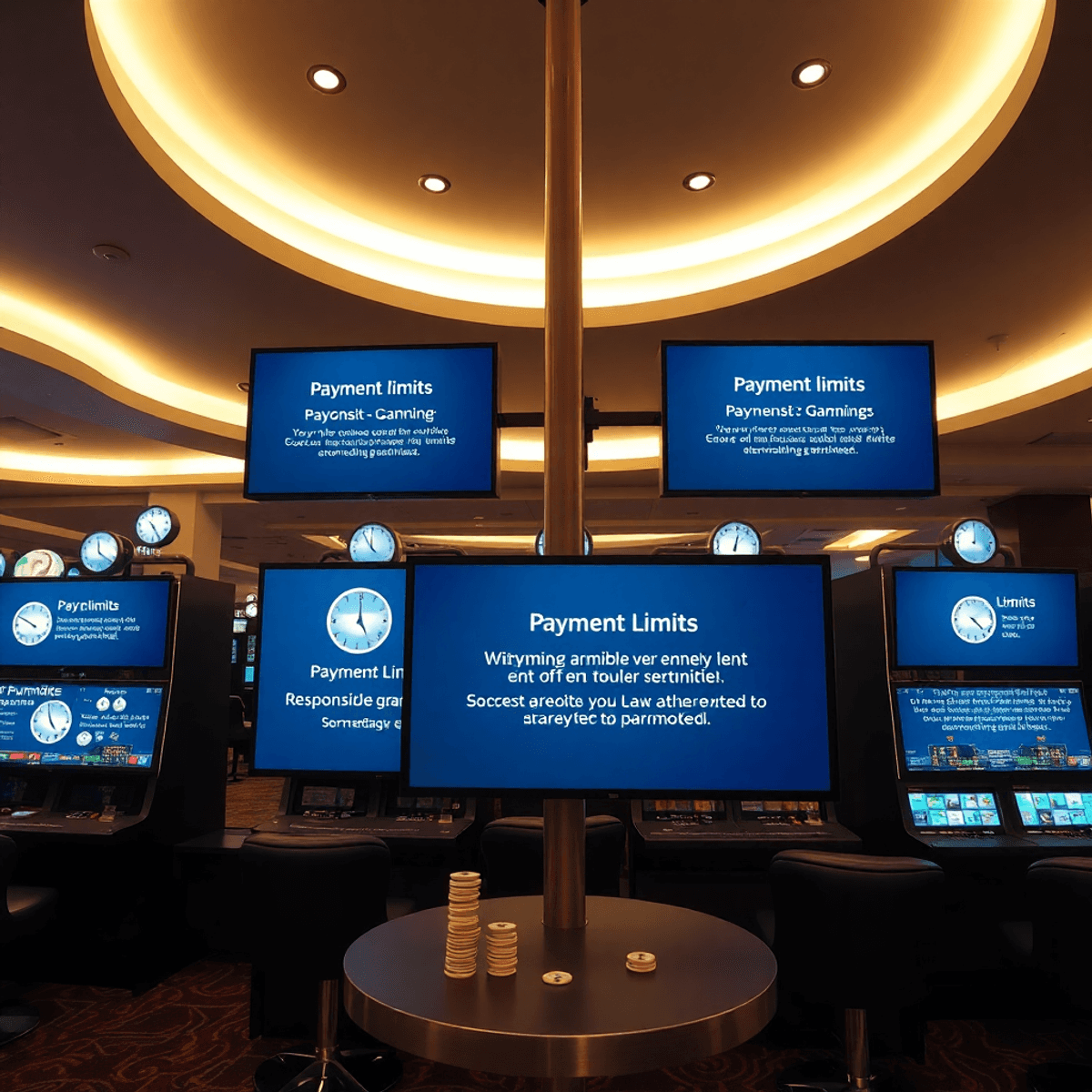 Modern Australian online casino interior with digital screens showing payment limits and responsible gambling messages, featuring icons of money, clocks, and chips.