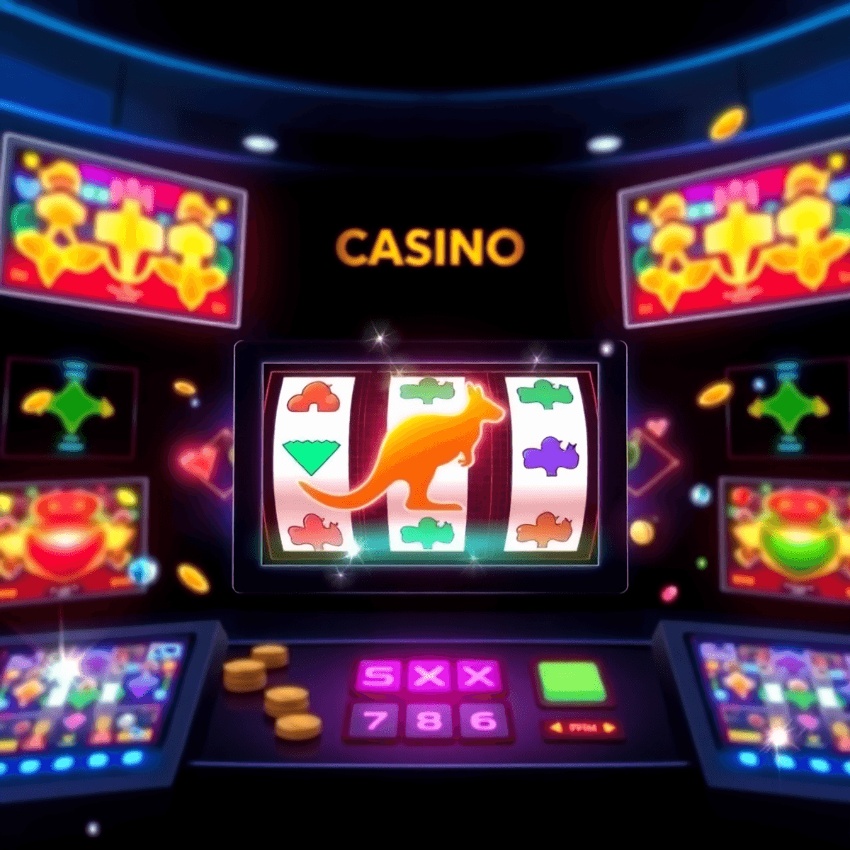 Dark-themed online casino interface with colorful slot symbols, Australian motifs, sparkling gems, and coins on a sleek digital background.