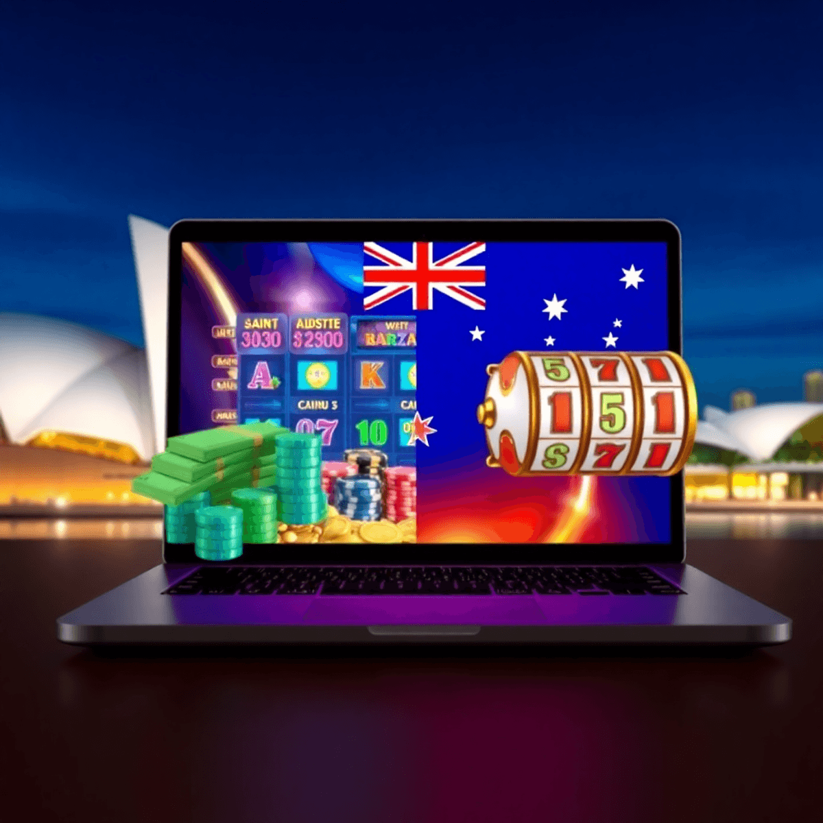 Glowing laptop with colorful slot machines and chips, split overlay of money stacks and spinning reels, Sydney Opera House and Australian flag in background.
