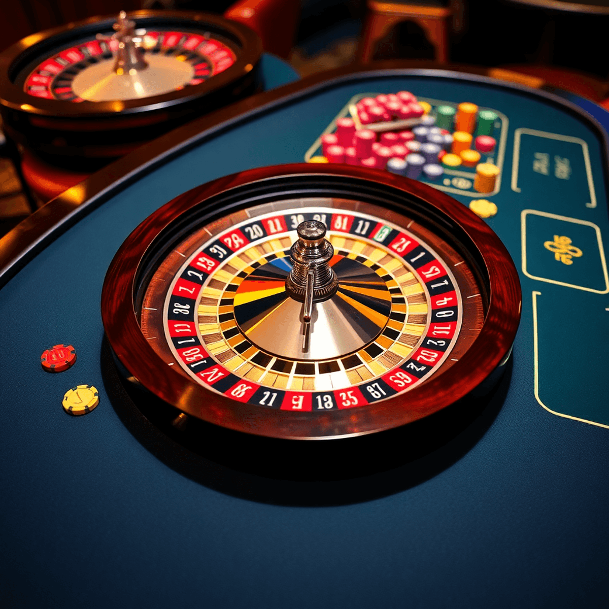 A realistic roulette table with a spinning wheel and colorful chips, capturing the excitement and strategy of the game.