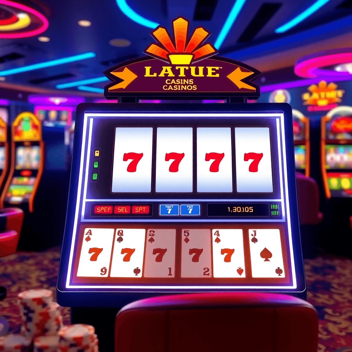 A realistic digital casino scene with a glowing video poker machine, poker cards, slot machines, and gaming chips, evoking excitement and strategy.