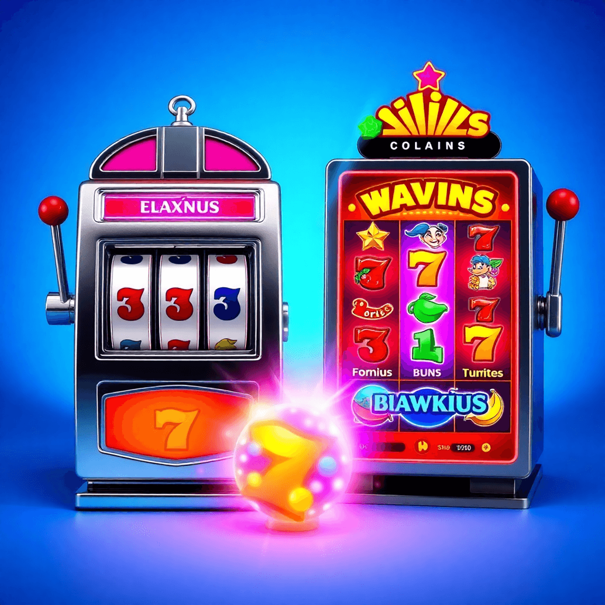 Split-screen image of a classic 3-reel fruit slot machine and a colorful modern video slot game with animated graphics and bonus symbols.
