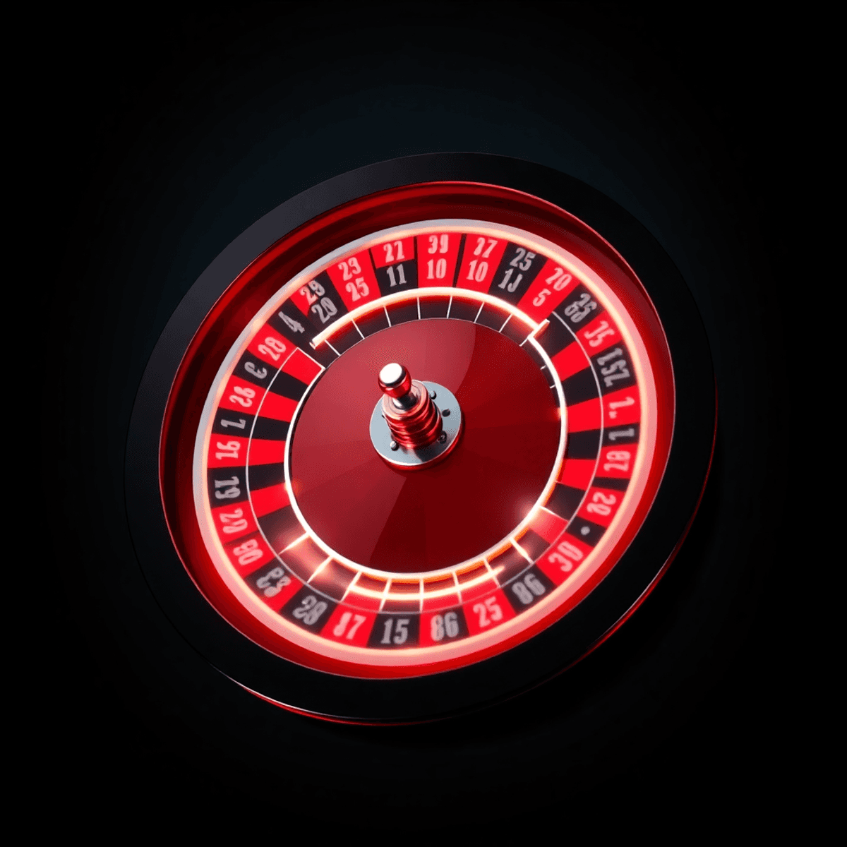 A realistic digital roulette wheel spinning with glowing red and black numbered pockets on a sleek dark background.