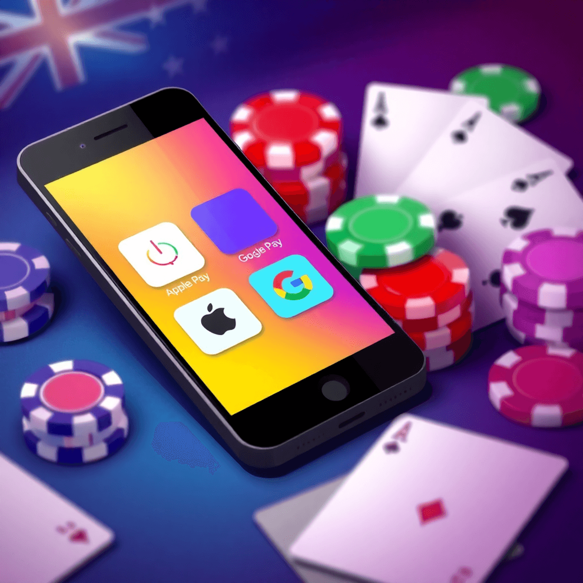 Smartphone screen showing mobile payment apps with poker chips and playing cards in the background, symbolizing secure online casino payments.