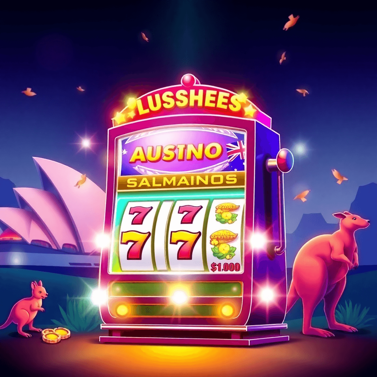 Digital illustration of a glowing casino slot machine with jackpot symbols and Australian-themed elements like the Sydney Opera House and kangaroos.