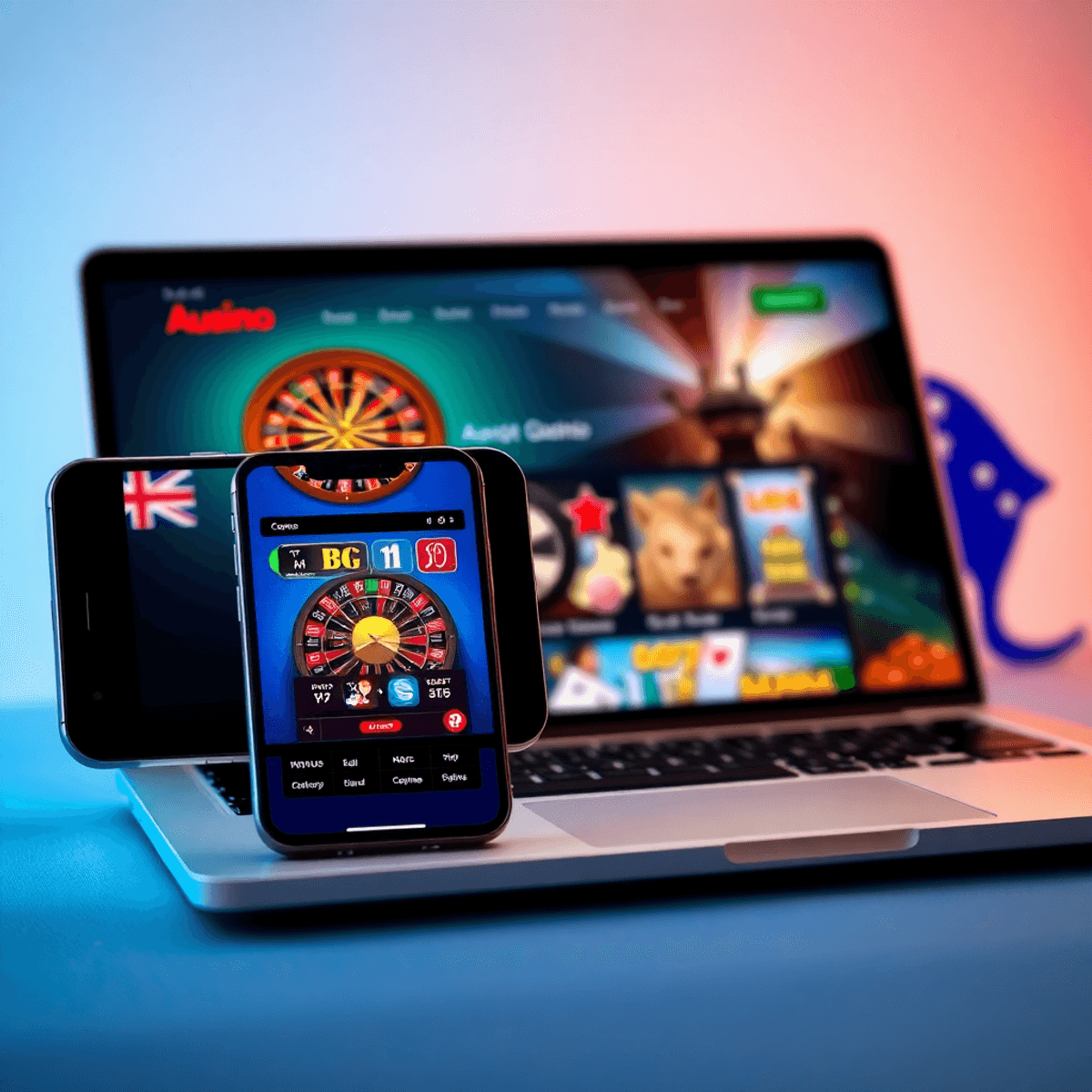 Smartphone and laptop showing a modern online casino interface with vibrant game icons and subtle Australian elements in a realistic style.