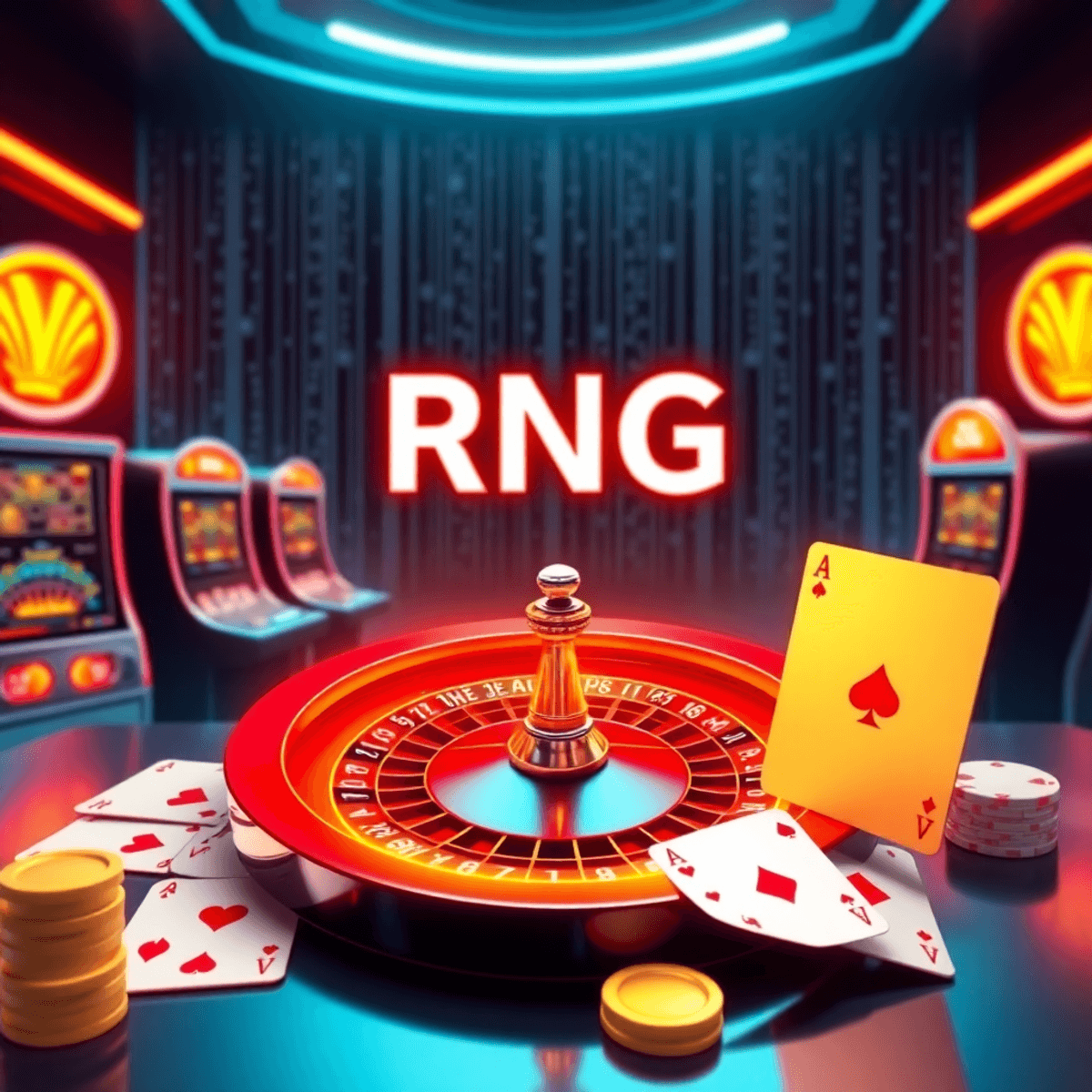 Digital casino interface with glowing slot machines, roulette wheels, playing cards, and a futuristic RNG algorithm visualization in the background.