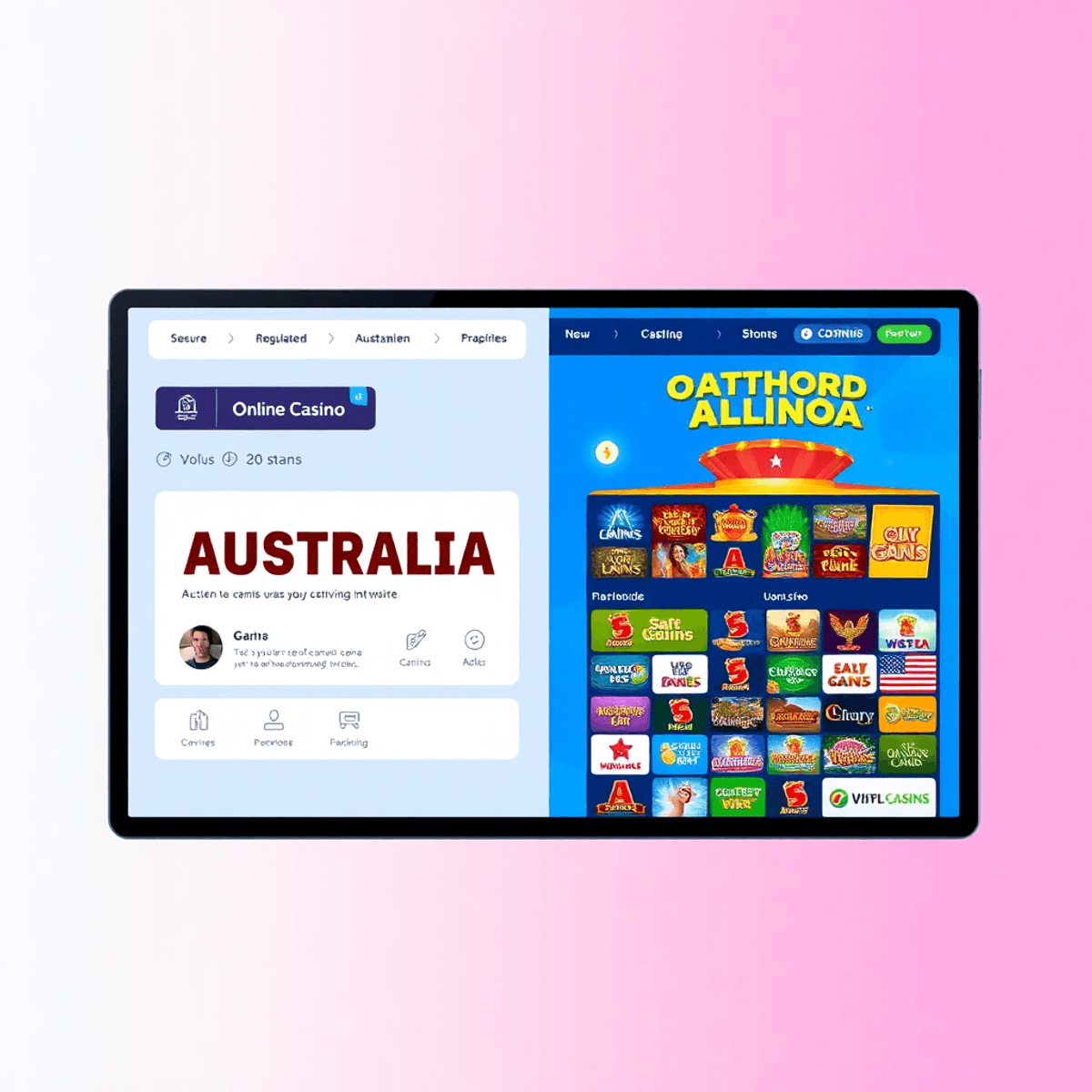 Split screen digital illustration of a secure Australian online casino with official symbols and an offshore casino with colorful games and bonus offers.