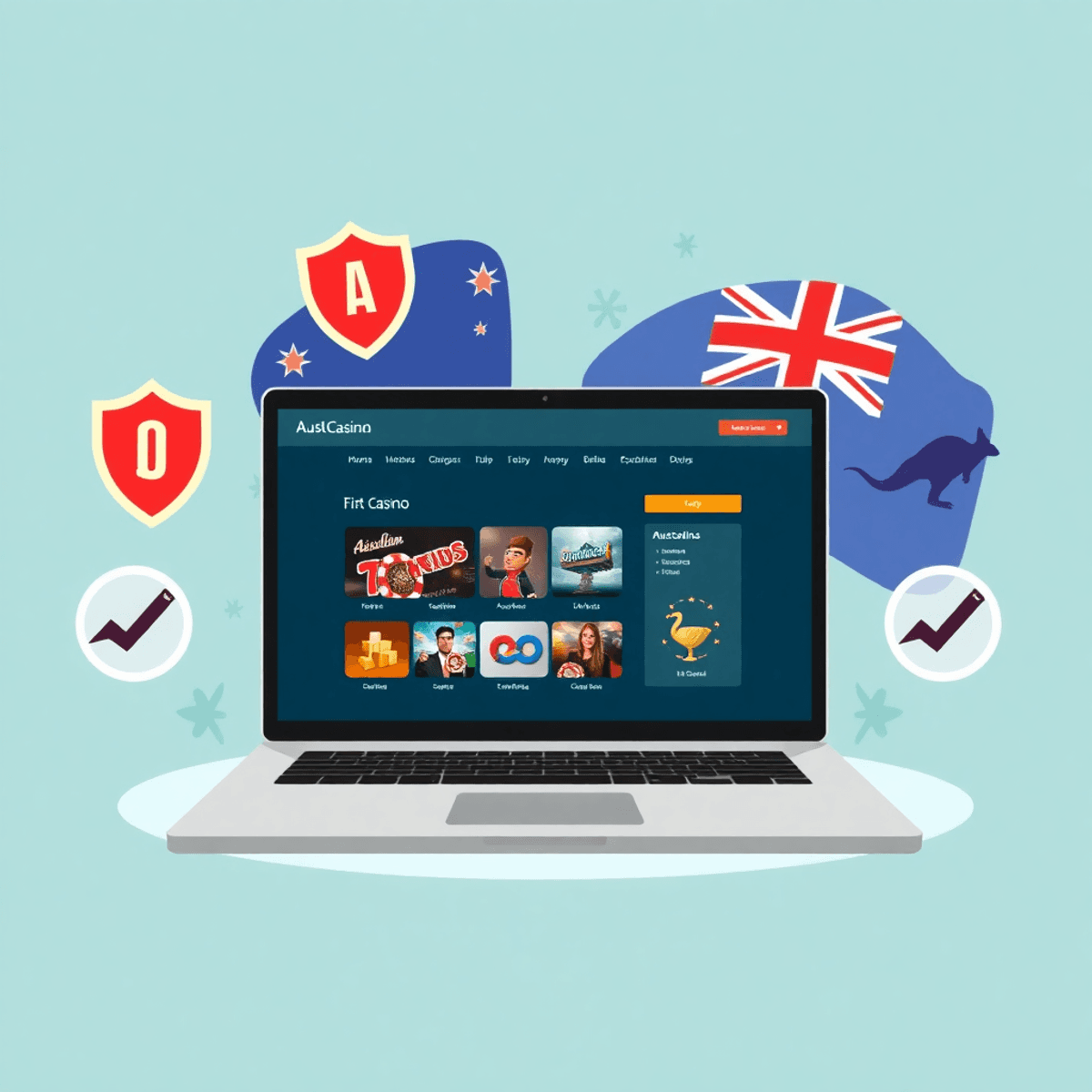 A laptop showing an online casino site with security icons, a kangaroo, and the Australian flag in the background.