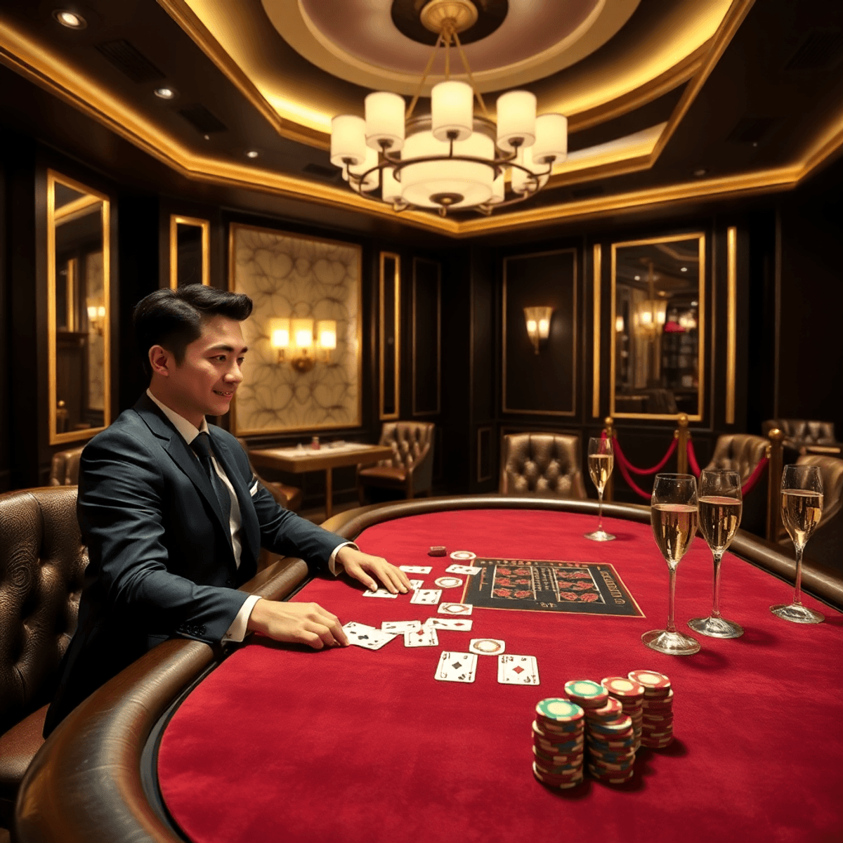 Luxurious casino high roller room with elegant décor, private gaming table, high-stakes chips, cards, and a stylish man in a sharp suit enjoying the game.
