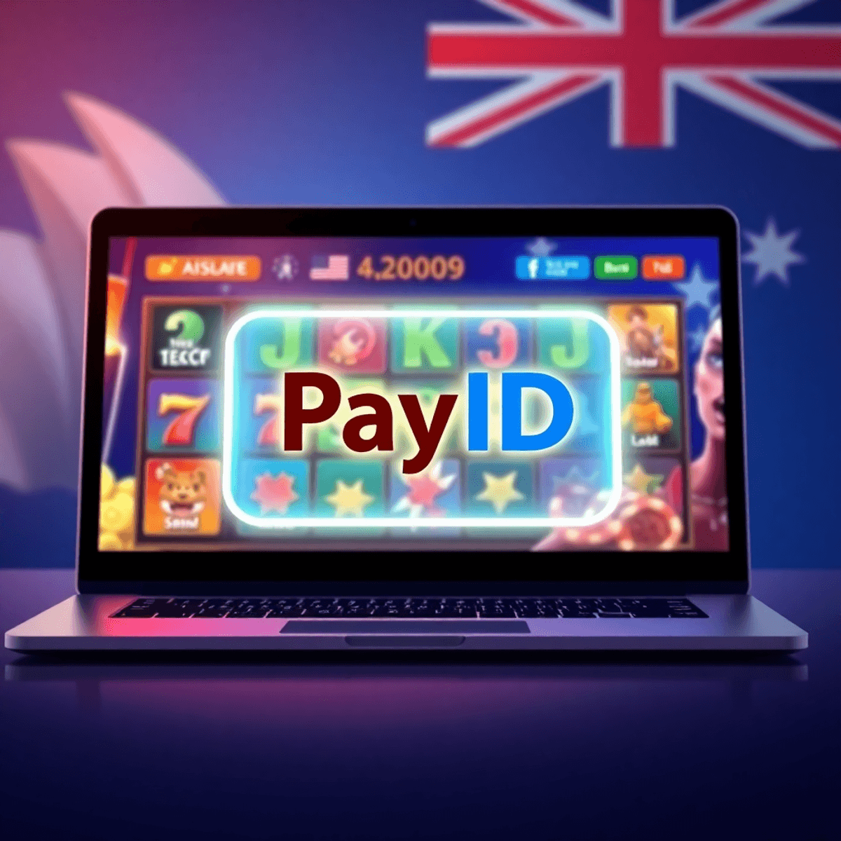Digital illustration of a laptop screen showing colorful online casino slots with a glowing PayID symbol and Australian-themed background elements.