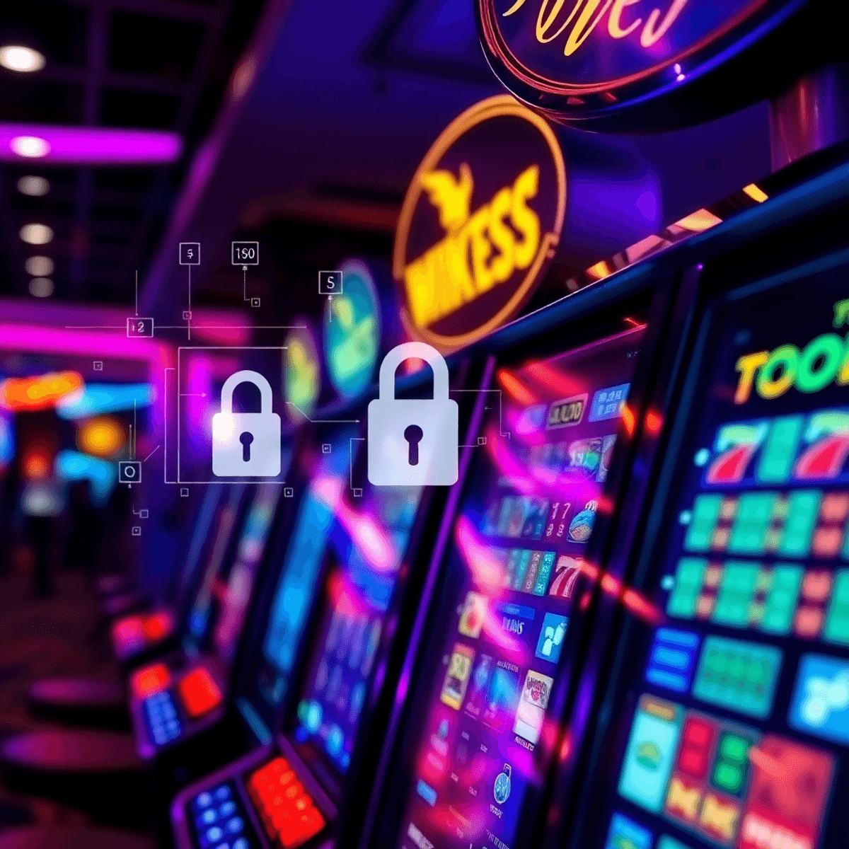 Close-up of a modern pokies machine with digital security symbols overlay in a vibrant casino setting, highlighting physical and digital cheating contrasts.