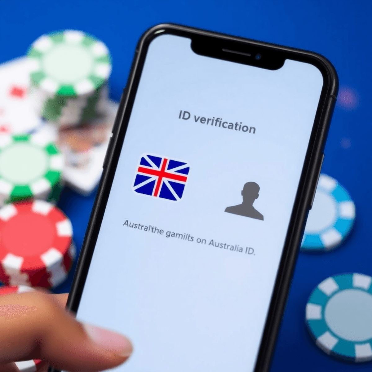 Close-up of smartphone showing digital ID verification with poker chips and playing cards in the background, symbolizing secure and responsible gambling.