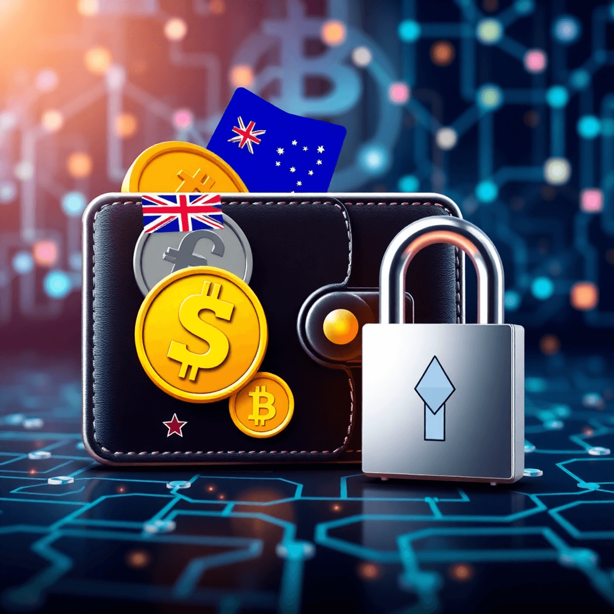 A digital wallet displaying Australian dollar and cryptocurrency icons with blockchain graphics and a padlock symbolizing secure crypto deposits.