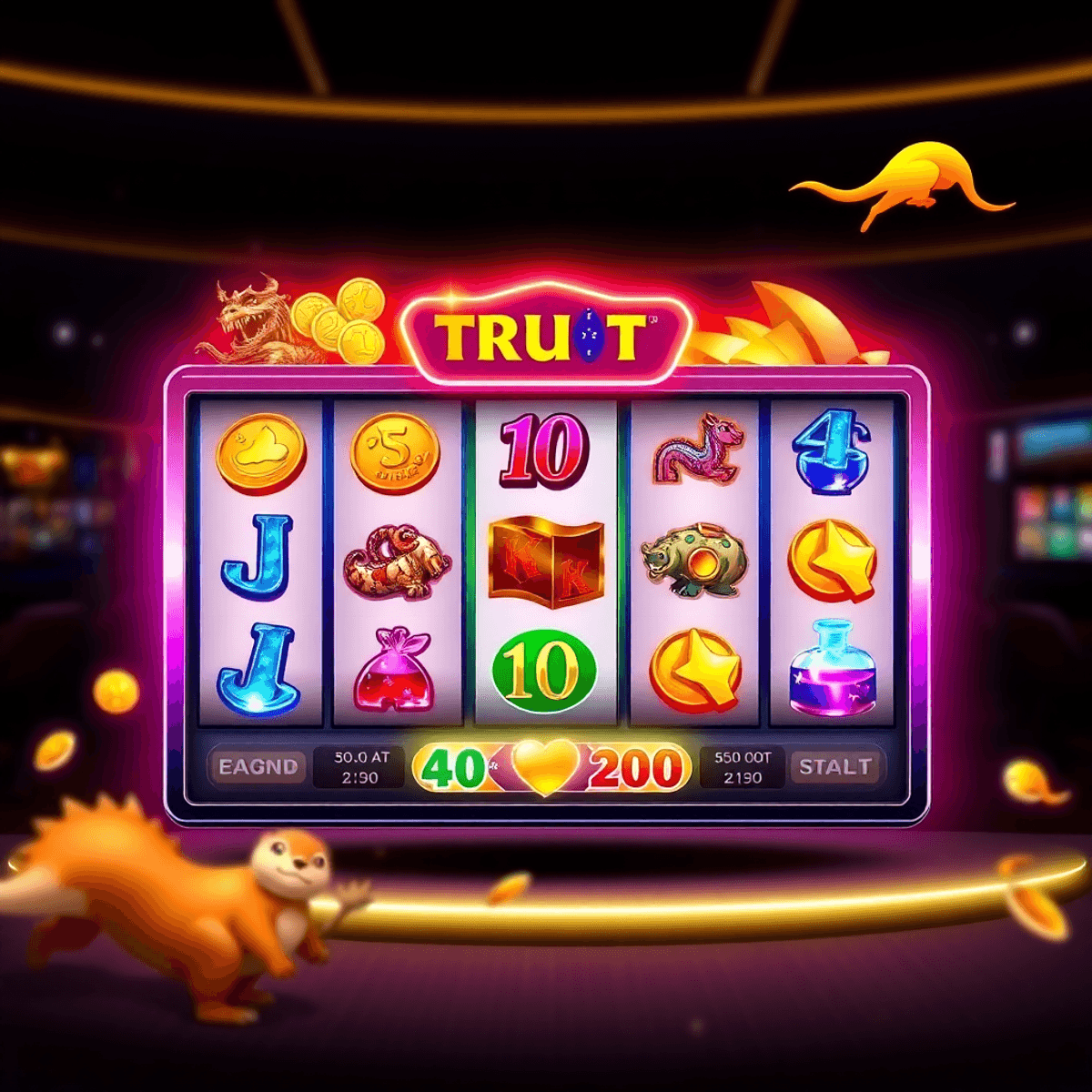 Colorful digital slot machine reels with gold coins, mythical creatures, potions, Sydney Opera House silhouette, and kangaroo icon on a sleek casino background.