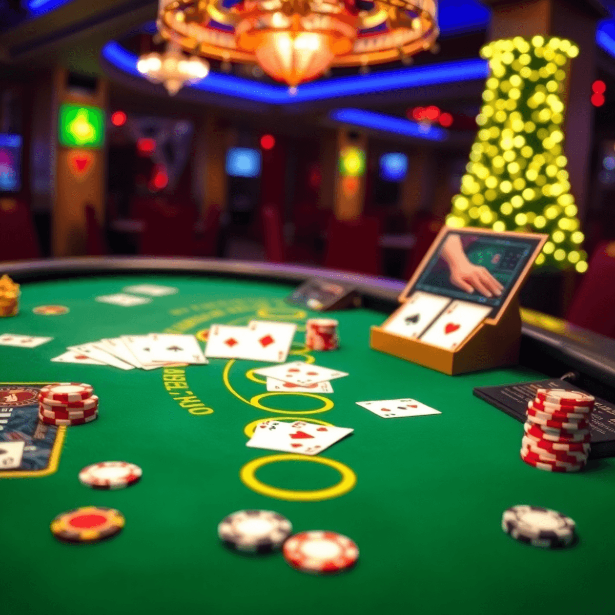A lively casino blackjack table with cards, chips, lucky charms, and digital devices blending traditional and online play in a realistic setting.